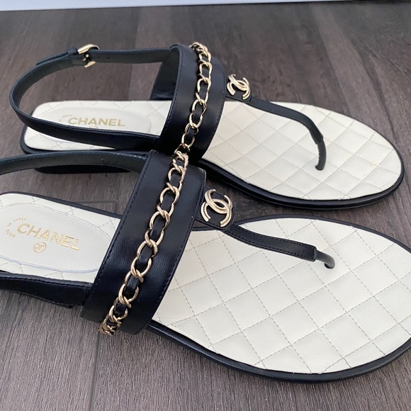 2023 CHANEL CC LOGO BLACK THONG LEATHER FLAT SHOES SANDALS 40 - Picture 8 of 16